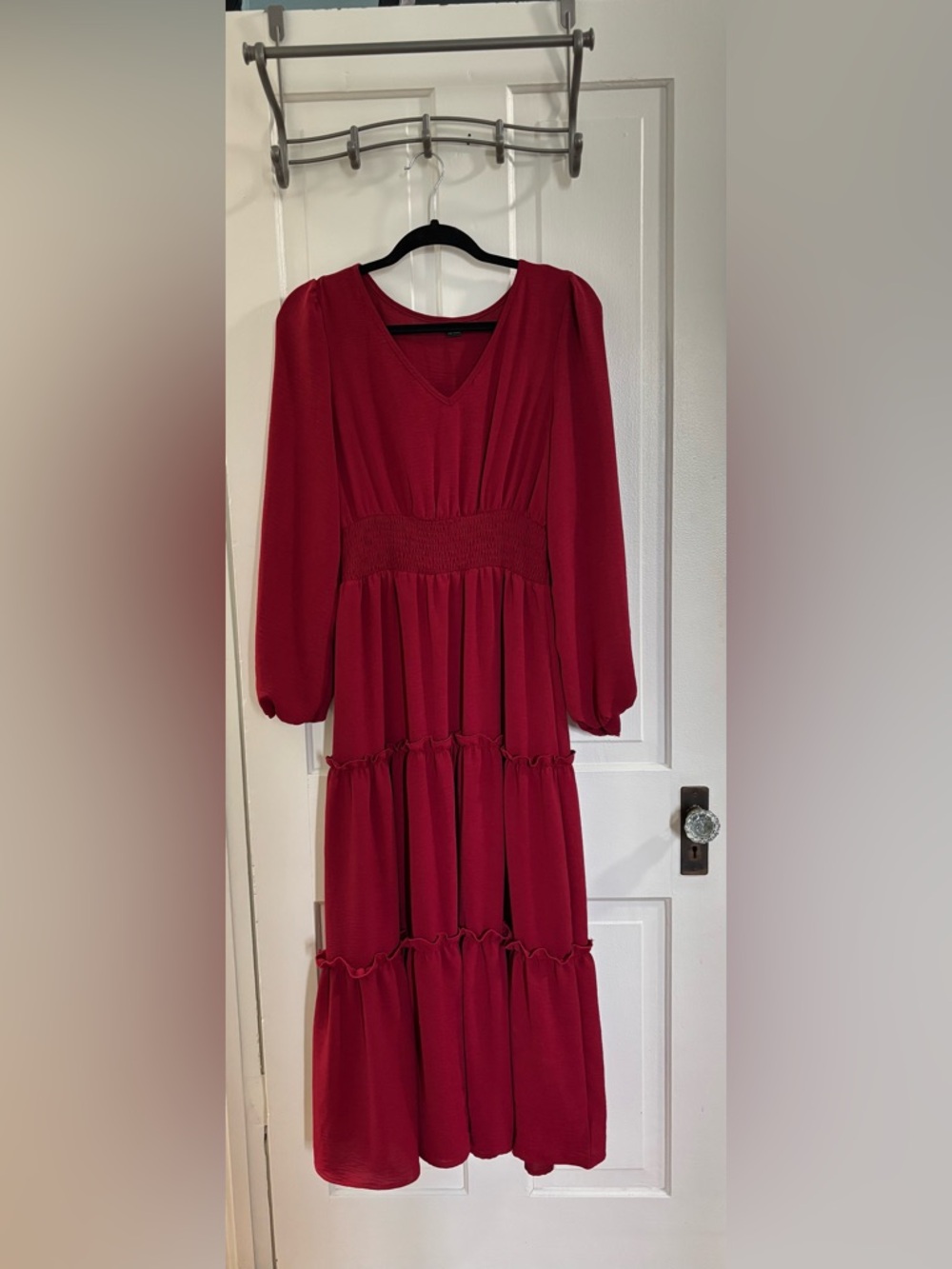 Red Long-Sleeve Tiered V-Neck Midi Dress